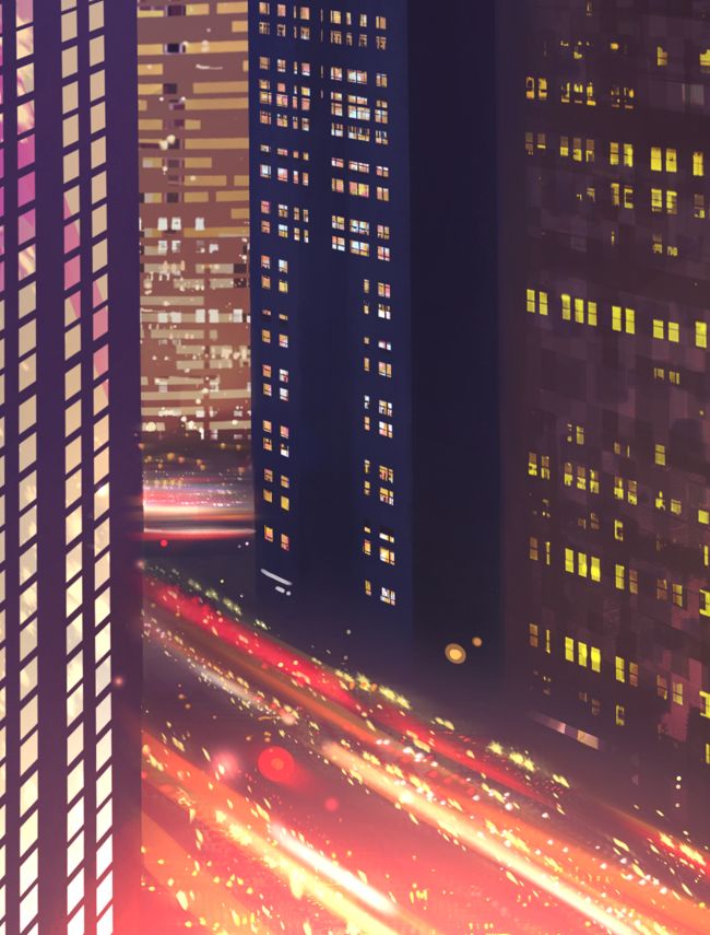 Close up on the bright windows and moving lights below, drawing bright colorful streaks across the street.