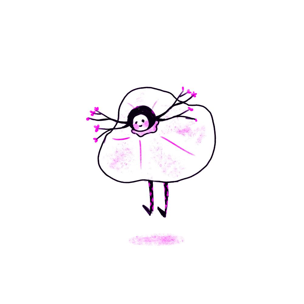 A smaller child like humanoid creature with branches sticking out of each side of its head with pink petals