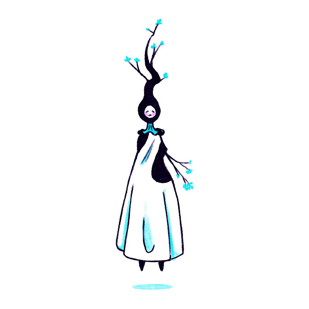 A humanoid creature with branches coming out of its head and 1 arm with blue petals