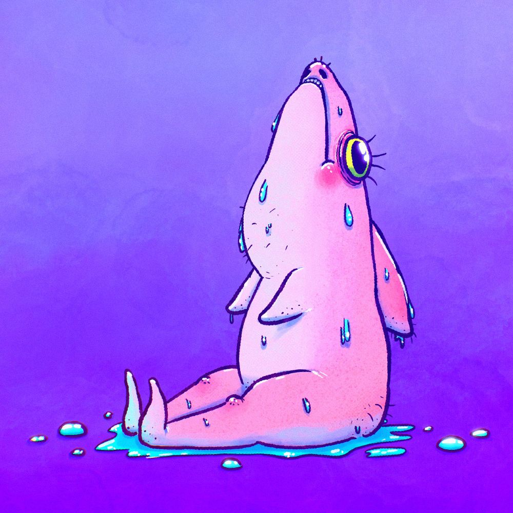 a humanoid whale out of water, wet and sitting on the floor