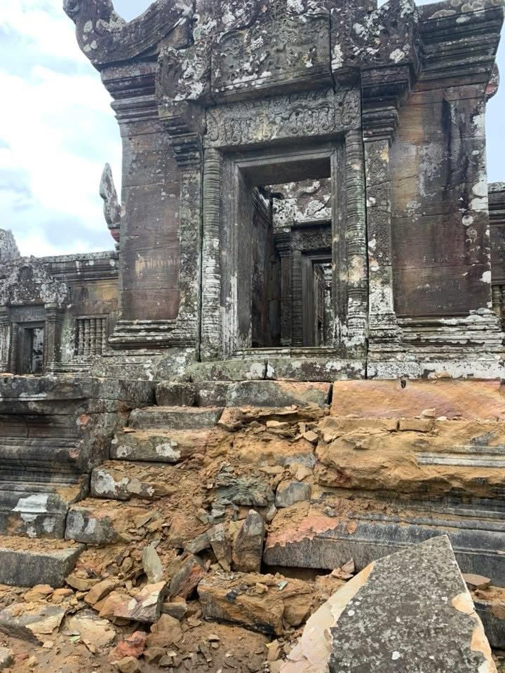 Bomb/shell damage to Preah Vihear temple in Cambodia by Thailand’s military forces, in recent days.