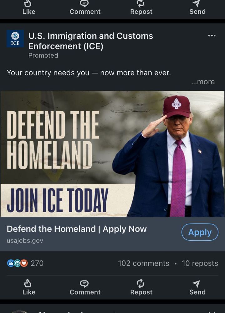 An image of Donald Trump saluting in a red hat with with the words “defend the homeland join ICE today” written in large, white block text.