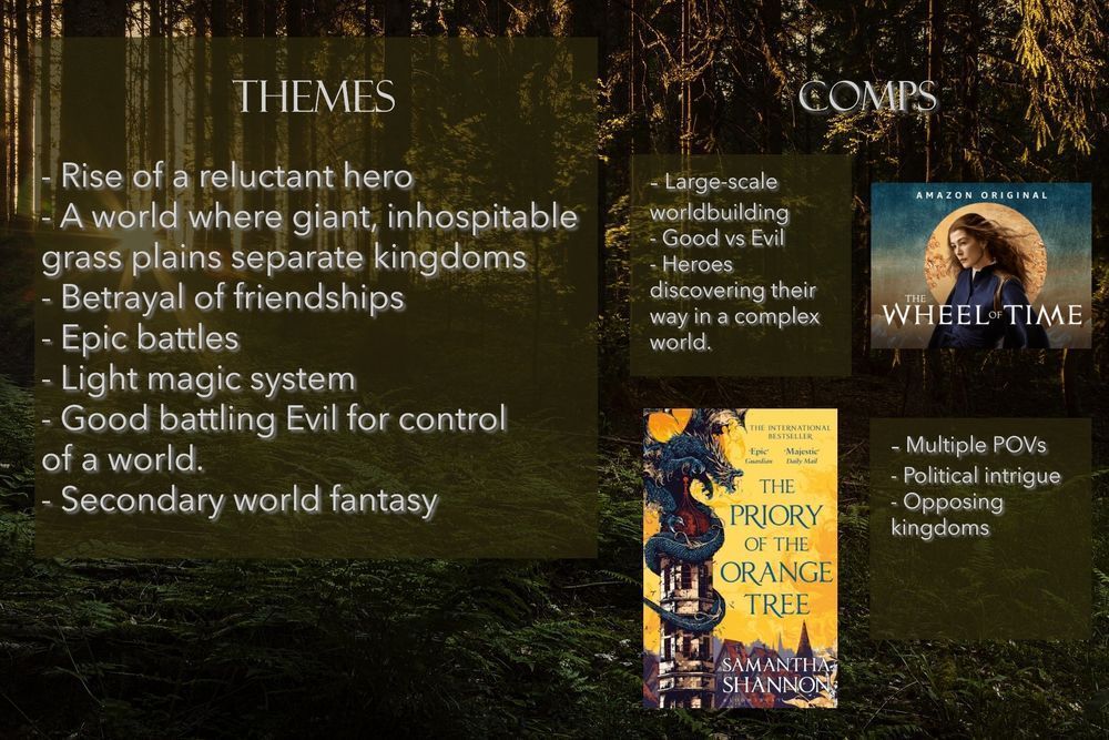 An image outlining the themes and comps for the novel that was pitched. The comps include smaller images of The Wheel of Time and The Priority of the Orange Tree. Themes include the rise of a reluctant hero, epic battles, a light magic system, and secondary world fantasy.
