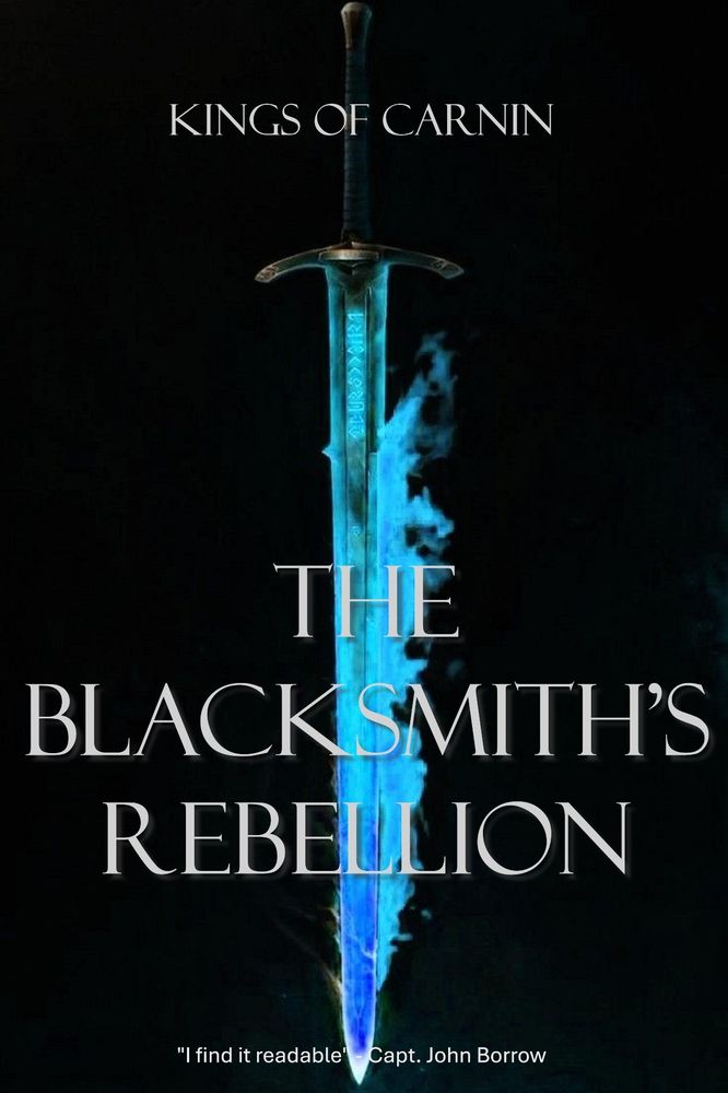 A sword with blue flames coming off the sword on a black background. The title "The Blacksmith's Rebellion" written over top.
