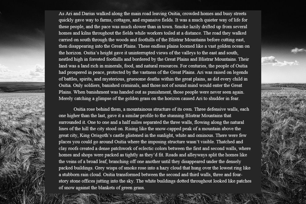 A block of text showing the sample writing from the novel. Set over a black and white image of a wheat field.