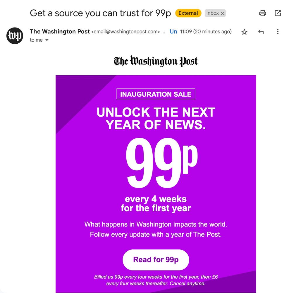Advert for the Washington Post 99p Inauguration Sale subscription offer)