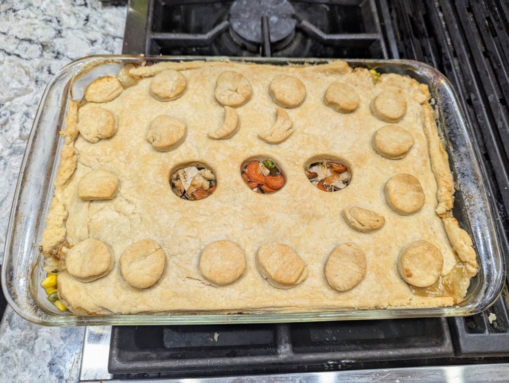 9 x 13 pan of chicken pot pie with extra crust cut 
In small circles decorating the top