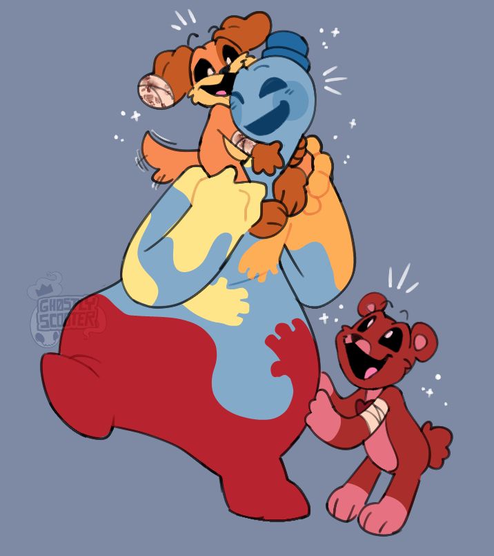 A drawing of Doey, Dog Day, and Bobby Bearhug. Dog Day is sitting on Doey’s shoulders, while Bobby is standing to the left of Doey and holding onto his leg. Doey is balancing on one foot and looking at Dog Day with a smile. Both of his arms are holding Dog Day’s legs.