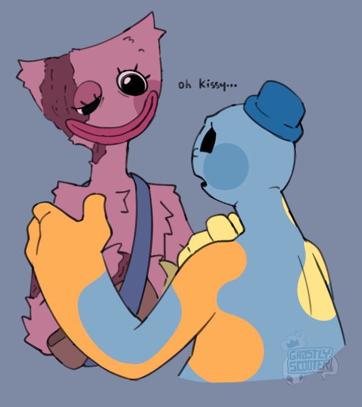 A drawing of Doey and Kissy. Kissy looks beaten up and her right arm is in a makeshift sling. Her face looks happy, but there are creases under her eyes making her look tired despite that. In front of her is Doey who looks upset. His visible eye is squinted and there is a tear on his face. He has his left hand on Kissy’s shoulder while his right is held up to his chest. Above him reads “oh kissy…”