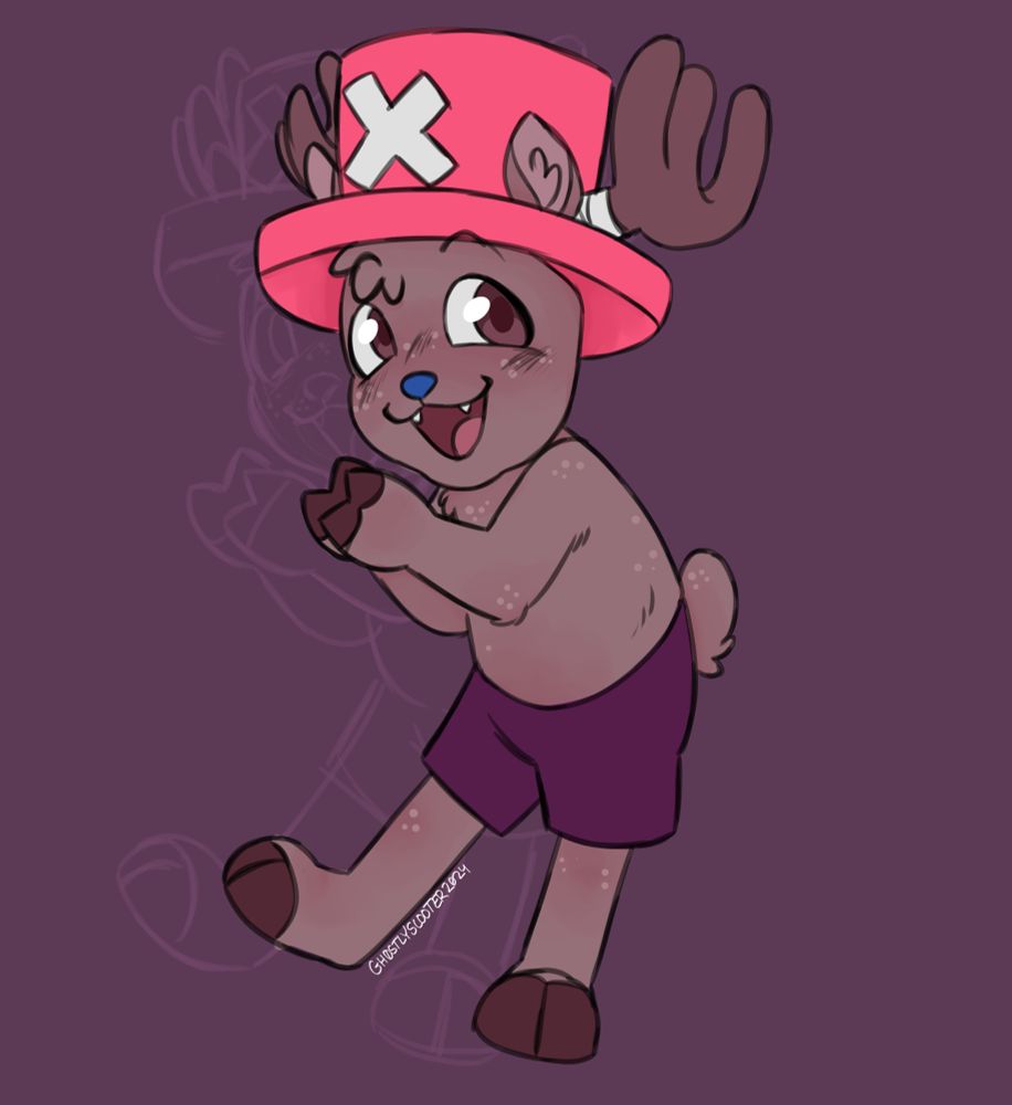 Sketch of chopper from one piece on a dark purple-ish pink background. He has an open mouth smile, his front hooves are clasped together, and it looks like hes put most of his weight on his left leg. His right leg is straightened out.