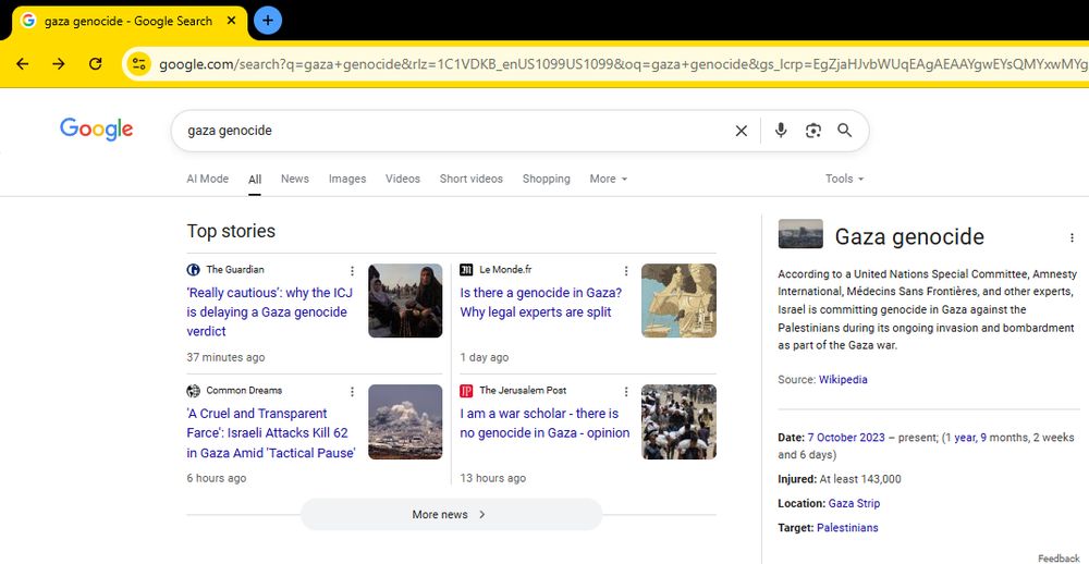 Search results on Google to the prompt "gaza genocide."