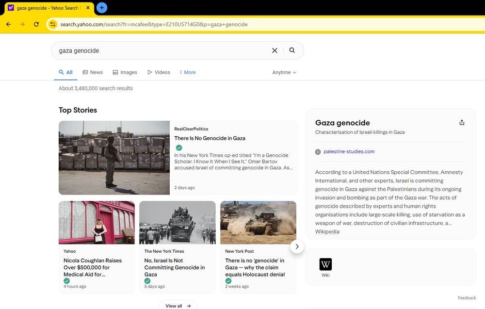 Search results on Yahoo to the prompt "gaza genocide."