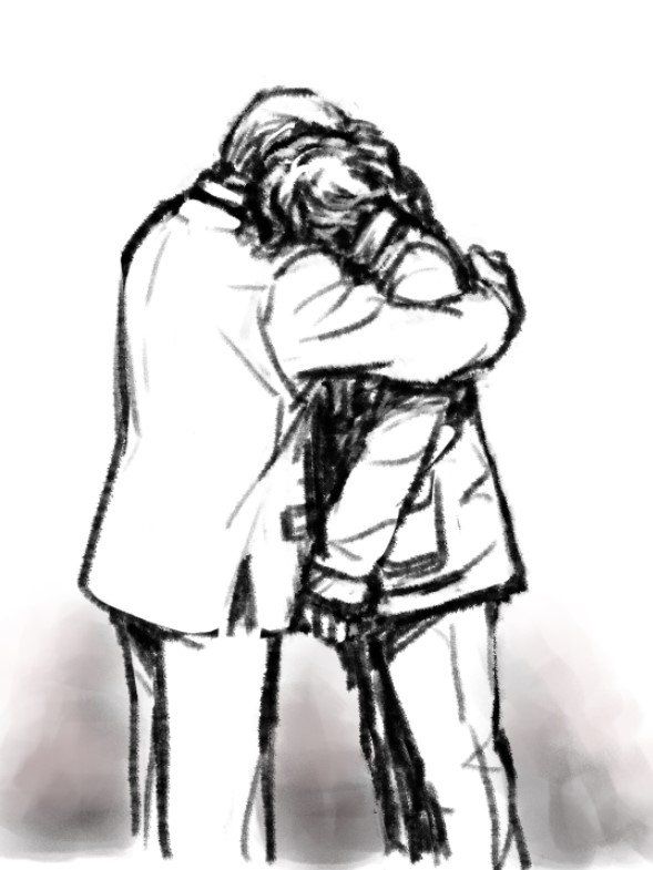 a digital line drawing of nbc Hannibal and Will. Will is leaning into Hannibal's arm.