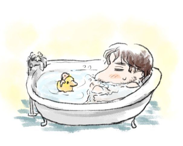 chibi Will is in the bath tub sitting down in the water up to his shoulder. Mini hannibal on top of a rubber duck on a water.