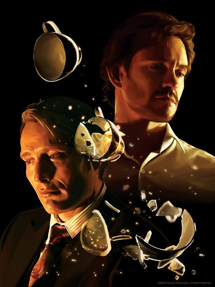 a digital painting of Will and Hannibal. Black back ground with orange warm light. They both are head shots, and in the middle, teacups shattering separate them.
