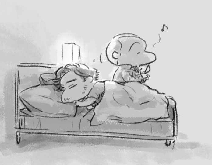 Chibi Will sleeping in the bed, Chibi Hannibal is holding a knife leaving the room