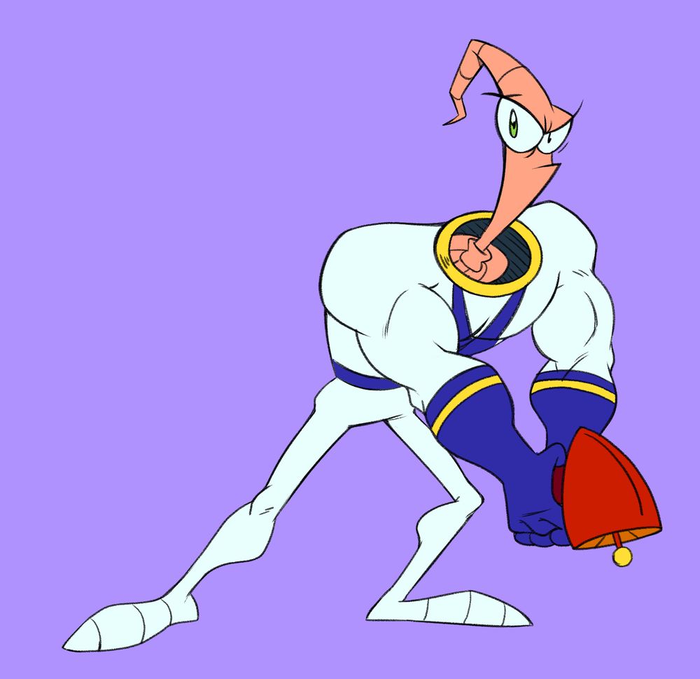 earthworm jim in more "serious" pose while raygun is pointed down