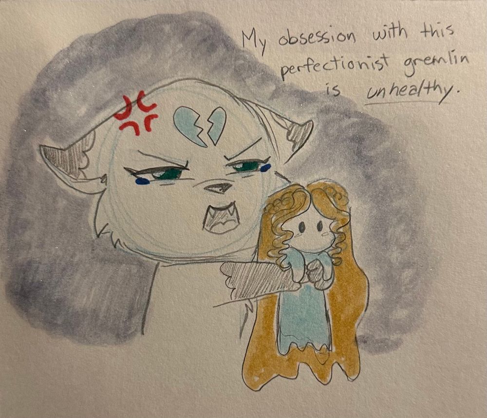 Traditional sketch of a chibi wolf, holding a «doll» of a female OC, with long and red hair.