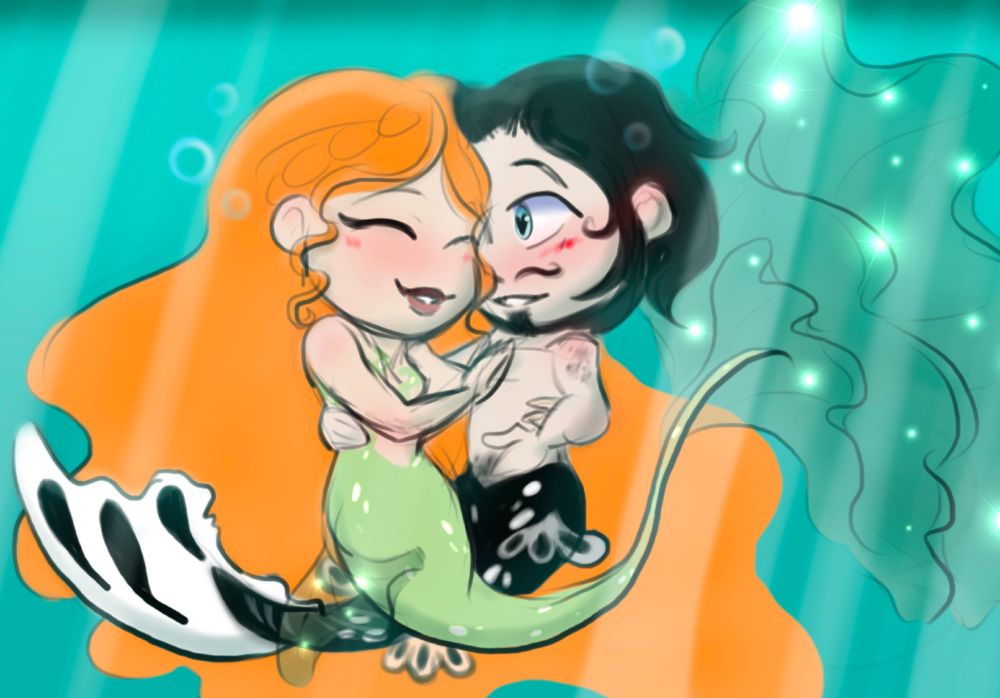 Digital drawing featuring two merfolk in chibi style: a mermaid (Elizabetha) with orange hair and lightgreen tail, and a merman (Kjell) with dark hair and a black and white tail. They seem to be almost dancing underwater, the mermaid is laughing while the merman looks fondly over at her. 