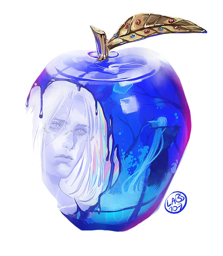 a crystal blue apple , on a side showing a face and in the other showing someone inside the crystal , the apple have goldie leaf , was drawn used a crystal apple reference.