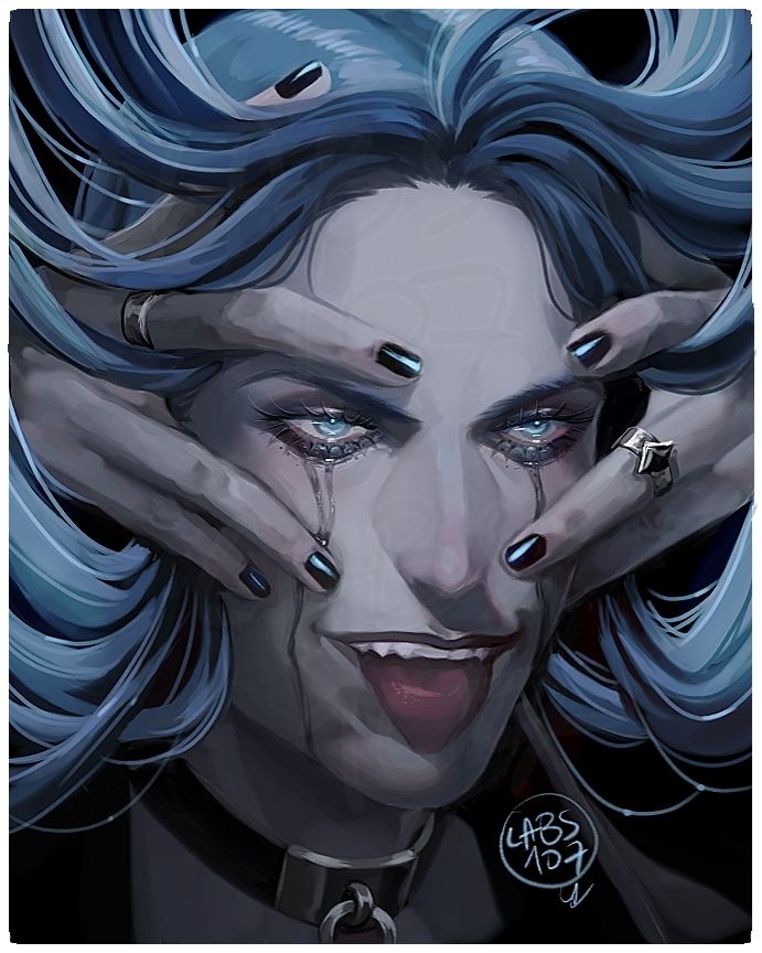 Face of a blue long haired man showing up the tongue with his hands over his head and hair hanging from above, he has a swedish collar and dripping mascara tears