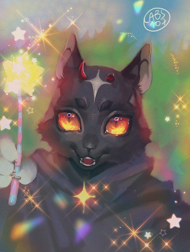 art portrait of a anthropomorphic black cat holding a magic wand , he have black fur , a cloak ,two small horns and bright red-orange eyes. Art done for artfight.