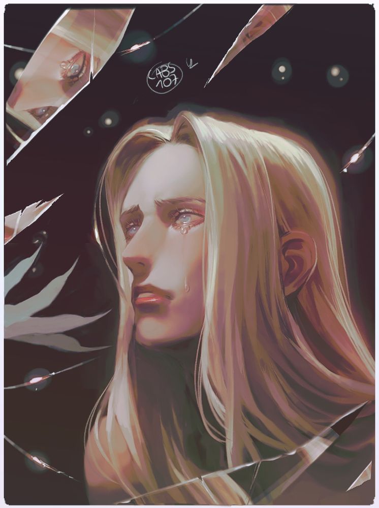 long haired blonde man with sad expression and tears looking to the left while a hand from a off screen creature trying to reach his face , broken mirror shards and wires surround him.