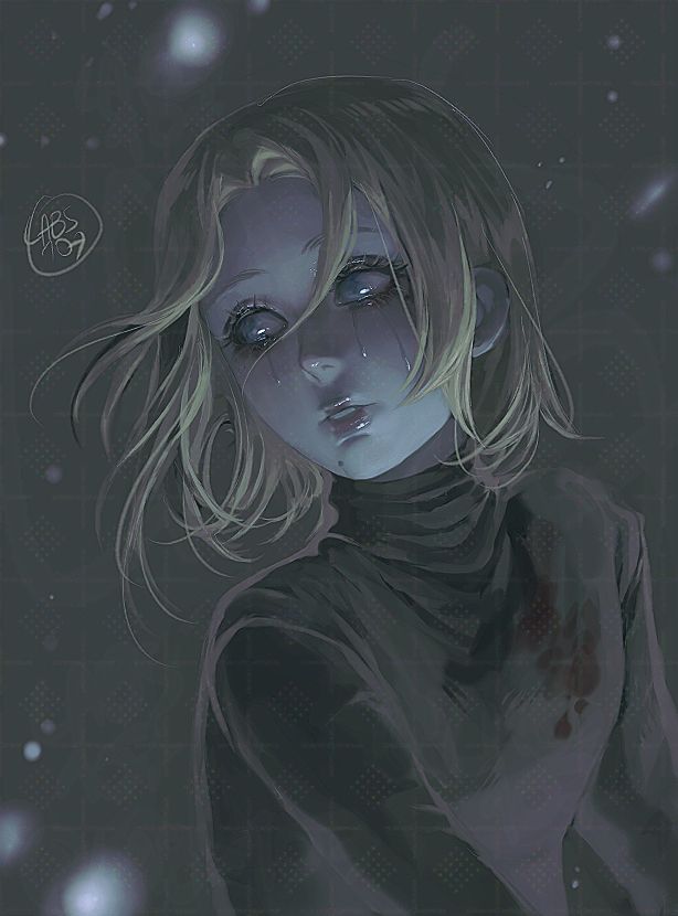 Dark image of a white child glancing to his right in tears ,have blue eyes with blonde hair to his neck  ,beauty marks in his right low cheek close the mouth and in his upper left cheek close the eye,his expression is neutral, wears a black turtleneck with some blood stains , snowflakes are visible in the background