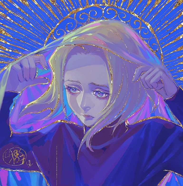 artwork of a blonde child , the background is blue and have golden details, the boy is holding a iridescent fabric over his head.