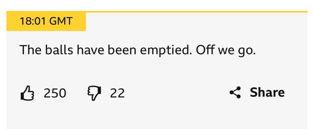 18:01 GMT
The balls have been emptied. Off we go.