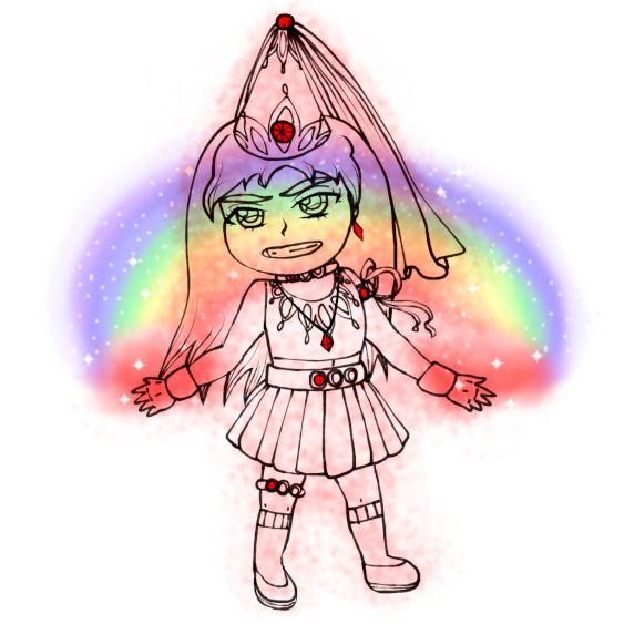 A magical girl in monochrome red colors dressed in a princess hat, crop top, pleated skirt, flats and knee-high socks, wearing all sorts of jewelry and creating a rainbow with her hands