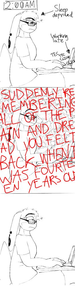 A three panel comic.

The first panel shows an anthropomorphic rabbit-like creature working on a laptop on their lap, and the scene is labelled as happening at 2:00 AM. The creature is labelled as "sleep deprived" and the laptop is labelled with "working late" and has some onomatopoeias for using the mouse and keyboard.

On the second panel, the same anthro creature is startled and pictured in front of a sea of overlapping depictions of themselves crying, and the overlay text, now in red and covering the entire panel, reads "SUDDENLY REMEMBERING ALL OF THE PAIN AND DREAD YOU FELT BACK WHEN I WAS FOURTEEN YEARS OLD."

The third panel has the anthro creature still looking startled, and also once more sleepy, while staring into the nothing.