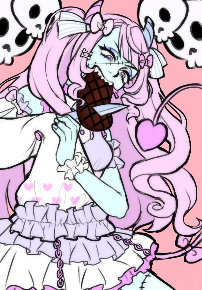 A pastel zombie girl with horns, a tail, sharp teeth, and wearing a dress with many cute frills and a super long sleeve on her left arm. She has a big knife stabbed through a steak and is pulling on it to eat it. There are a few skulls in the light pink background.