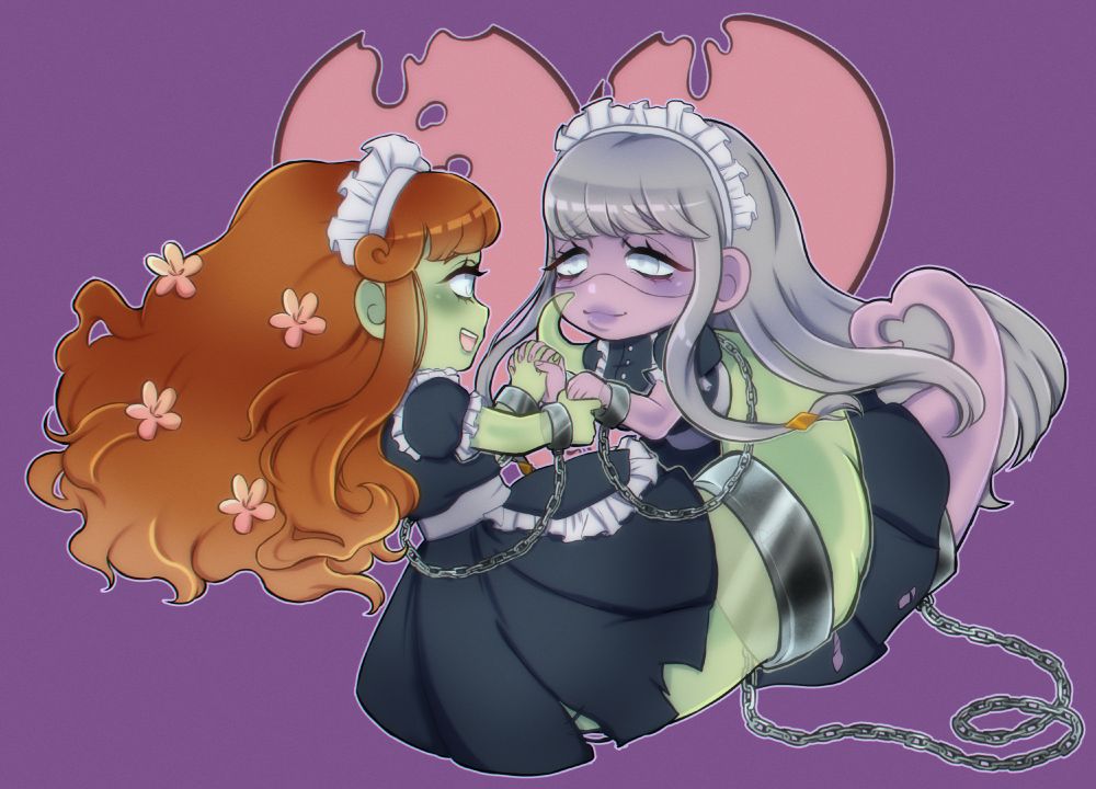 Two chibi ghost girls, who are chained together in maid outfits, holding hands and looking lovingly into each other's eyes. There's a giant heart in the background and the rest of the back is blank and purple.