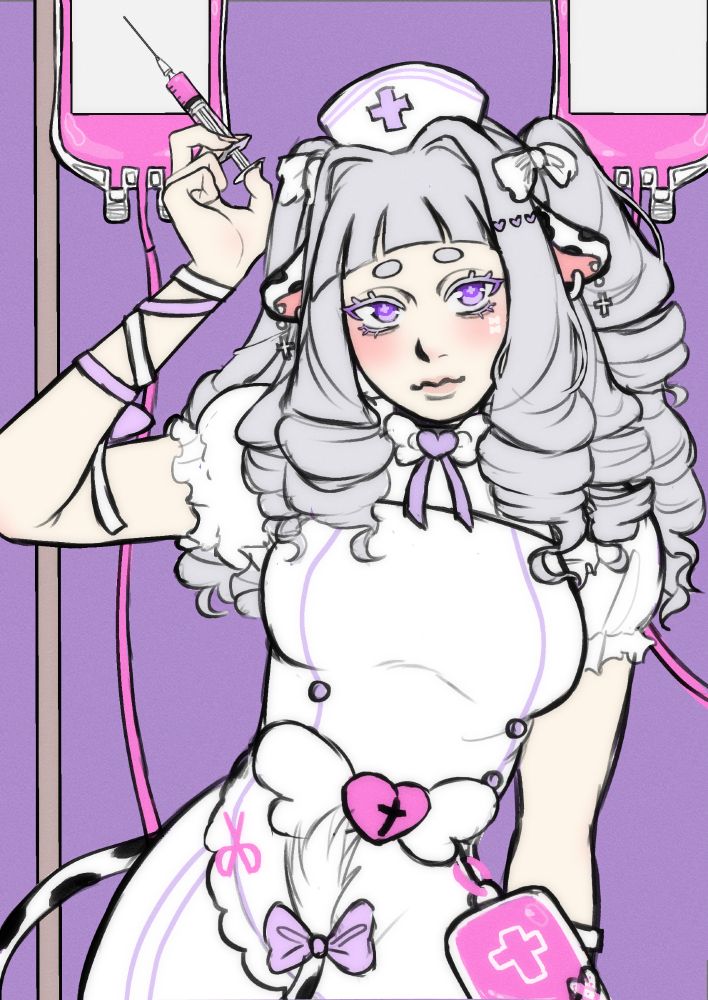 A cute nurse with cow ears, gray hime-curled hair, holding a needle. The background is solid purple with pink blood bags behind the nurse.