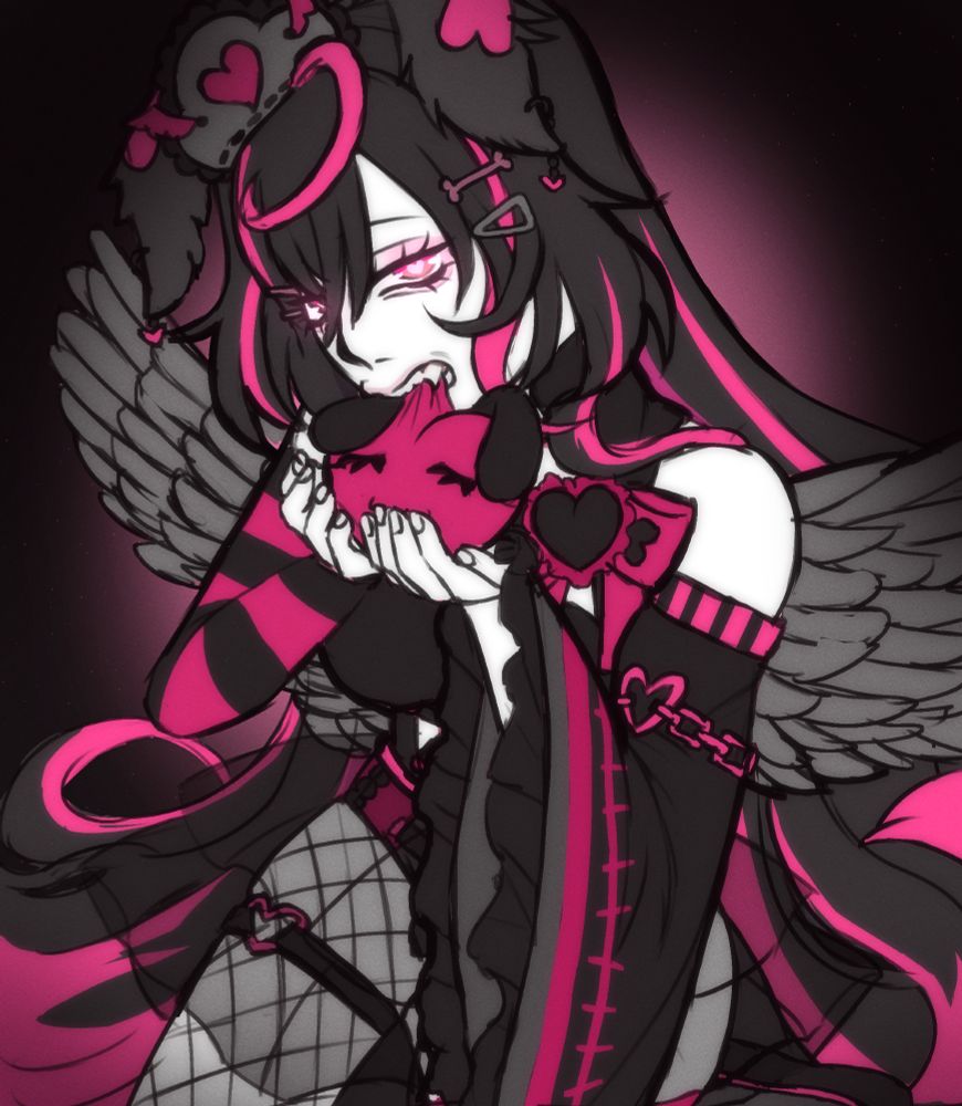 Girl with long pink and black hair, dog ears, angel wings, and a crown, biting into a cute heart with dog ears on a black and pink background.