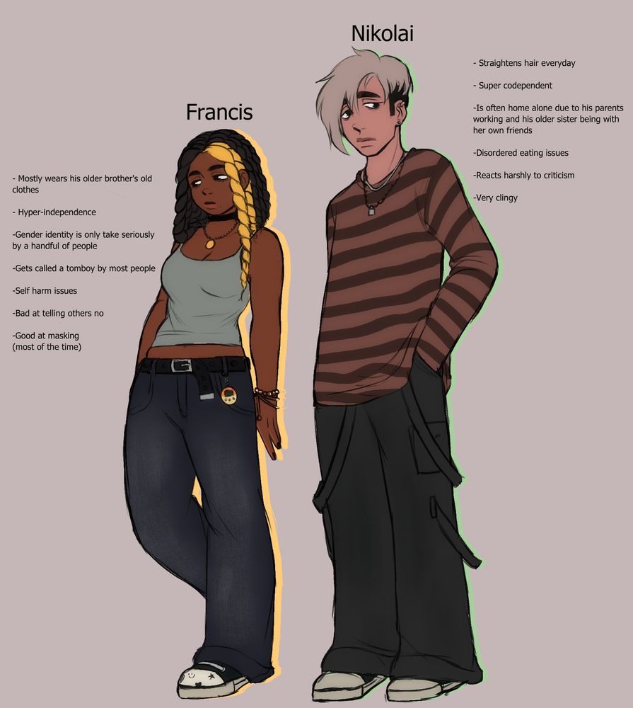 Francis and Nikolai as 16 year olds. The text next to Francis says:Mostly wears his older brother's old clothes, hyper independence, gender identity is only taken seriously by a handful of people, gets called a tomboy by most people, self harm issues, bad at telling others no, good at masking (most of the time)
Nikolai's text says: Straightens hair everyday, super codependent, is often hime alone due to his parents working and his older sister being with her friends, disordered eating issues, reacts harshly to criticism, very clingy 