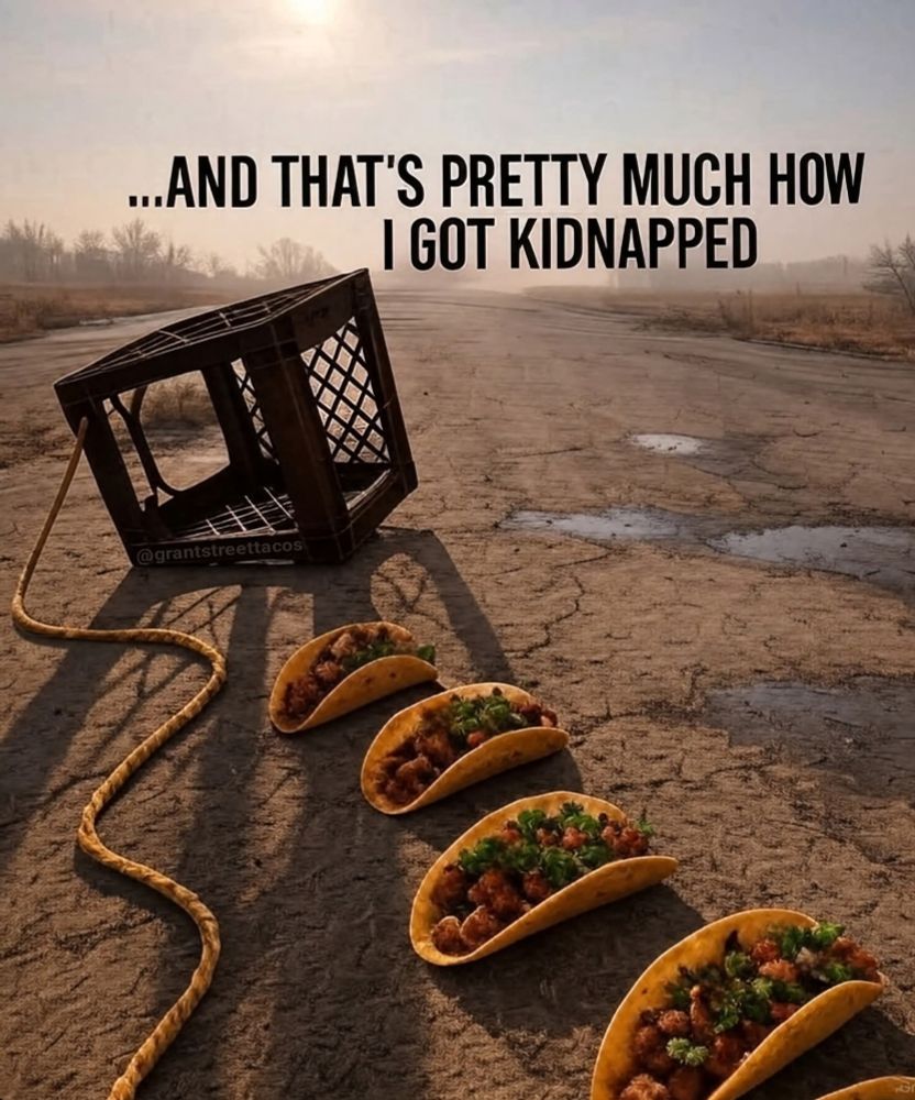 Tacos leading to a black milk crate with a rope tied to as if it is a trap.  

"...And that's pretty much how I got kidnapped. "