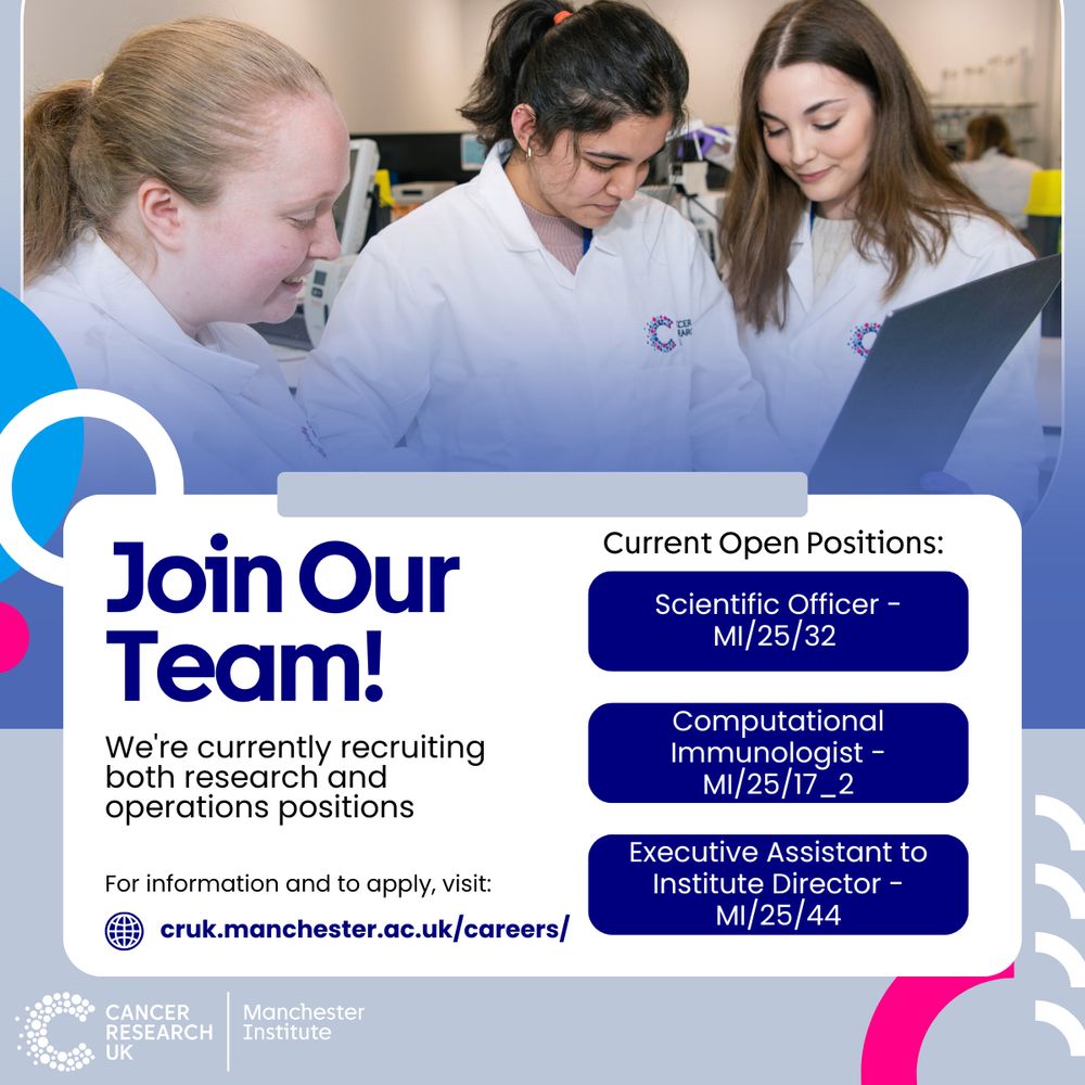 Photograph shows three researchers in Cancer Research UK lab coats looking at a folder of documents in a laboratory in the Paterson Building

Text says: Join our Team - We're currently recruiting both research and operations positions

Scientific Officer - MI/25/32 
Computational Immunologist - MI/25/17_2
Executive Assistant to Institute Director - MI/25/44