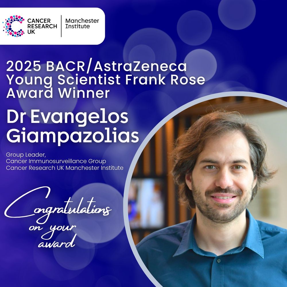 Graphic shows a photograph of Dr Evangelos Giampazolias, on a dark blue background with light grey circles

Text says "Congratulations on your award" and shows the Cancer Research UK Manchester Institute logo
