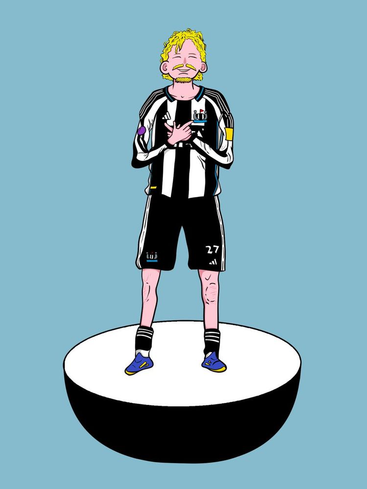 Nick Woltemade of Newcastle United doing his goal celebration but he’s on a Subbuteo player stand 