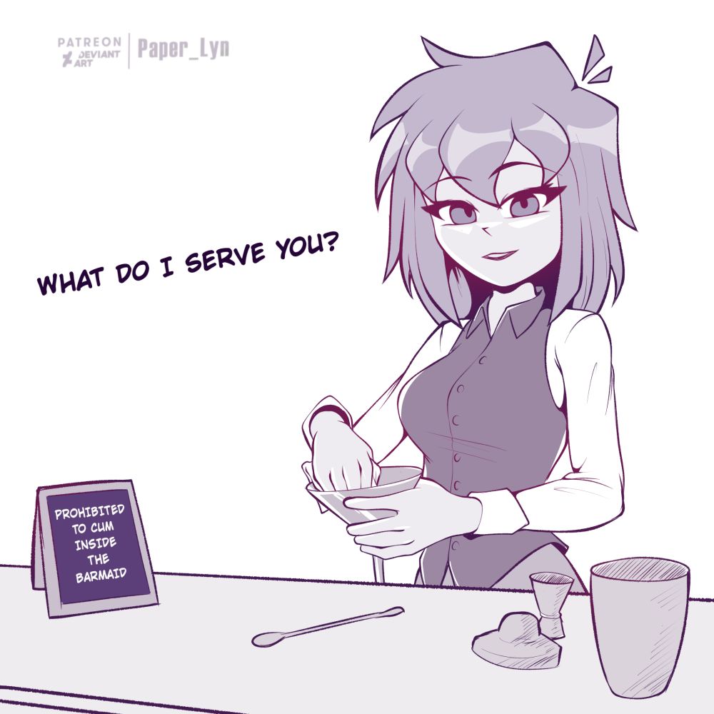 Lyn working as a bartender, there's a sign that says "PROHIBITED TO CUM INSIDE THE BARMAID".