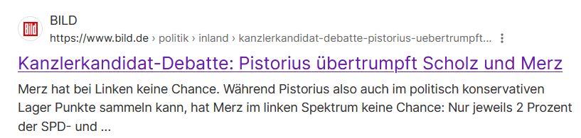 Screenshot aus Suchmaschine mit Text 'Merz hat bei Linken keine Chance', link geht zu Bild