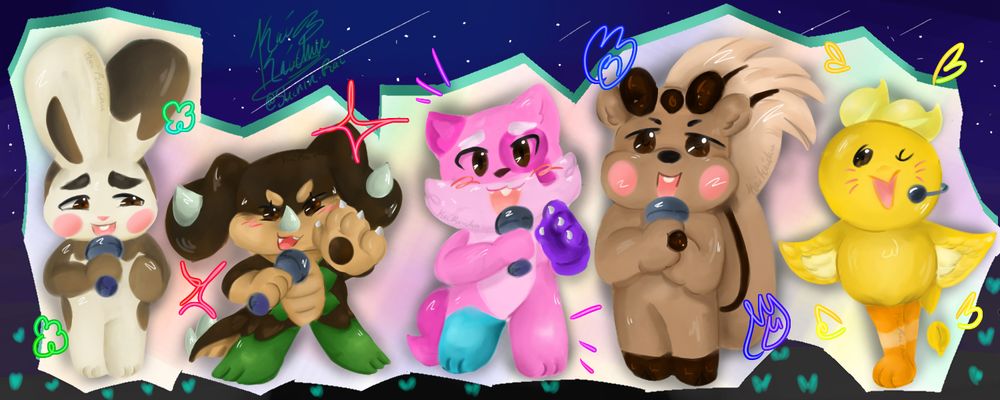 SHINee representative animals in another art style and posing while singing