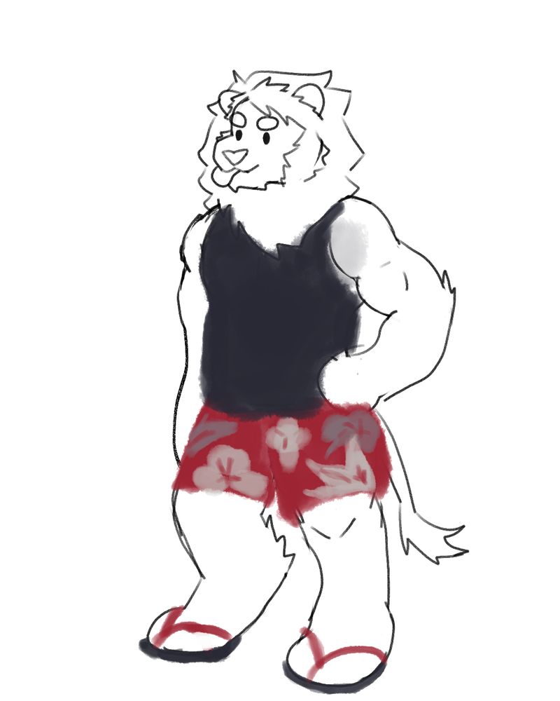 drawing of an anthro lion wearing a black tank top, red shorts with flower pattern and some flip-flops, only the clothes have colour