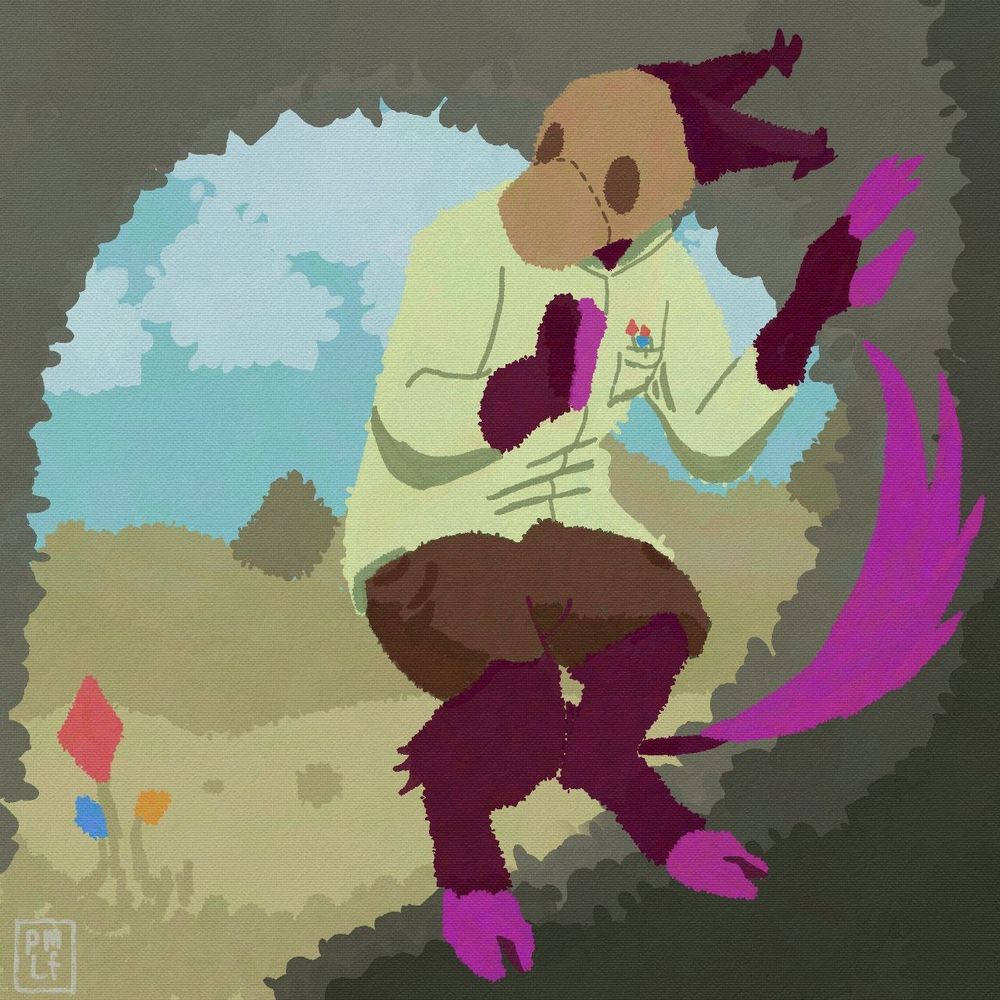 An Anthro character with goat legs and a sack covering his head leaning on a rocky entrance 