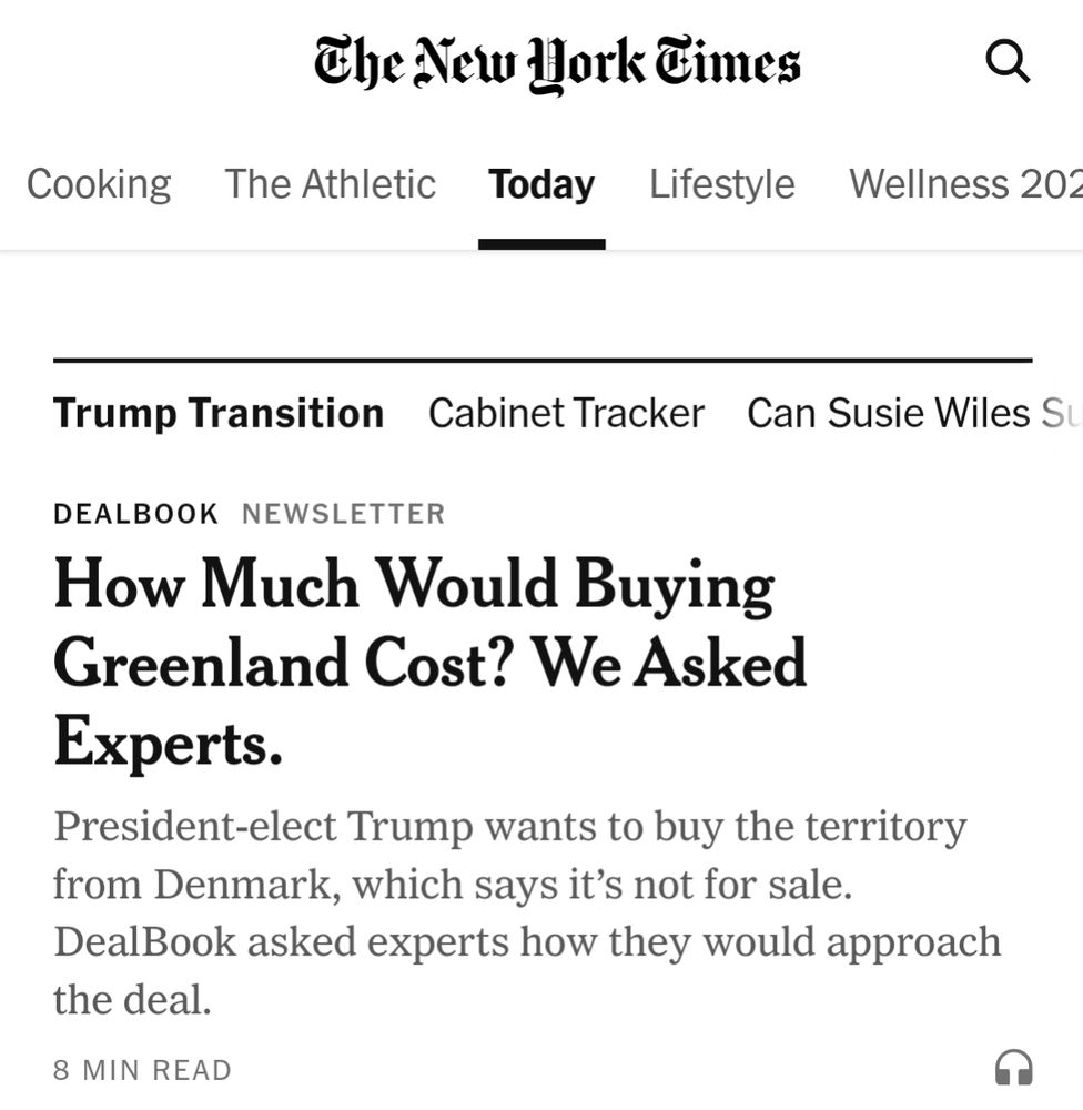 A screenshot of the New York Times headline reading: "How Much Would Buying Greenland Cost? We Asked Experts."