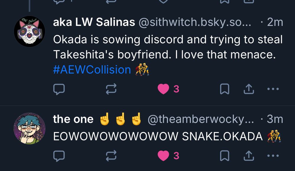 Skyline screenshot of Wrestlesky citizens pointing out Problematic Okada behaviour re Fletch and Takeshita