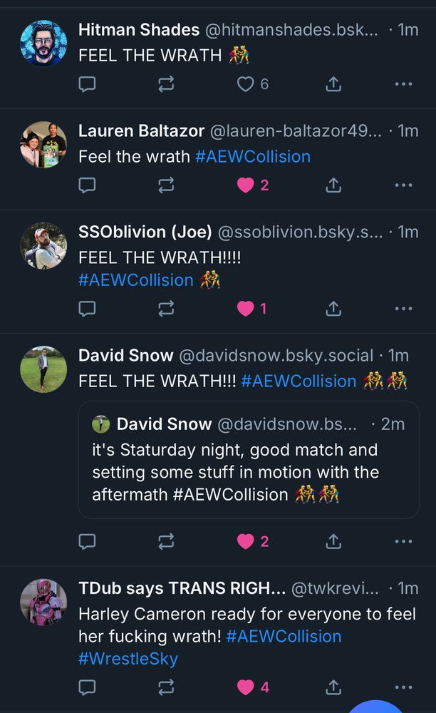 Several Wrestlesky citizens skeeting various versions of Harley Cameron’s catchphrase, “Feel the wrath!”