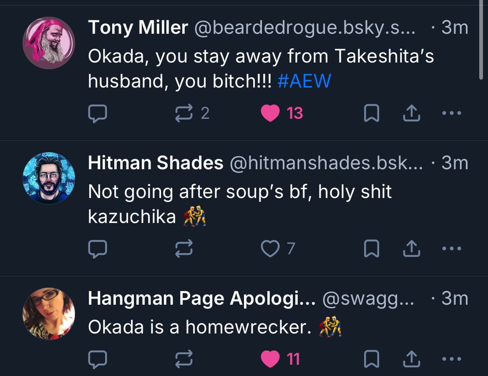 Skyline screenshot of more Wrestlesky citizens pointing out Problematic Okada behaviour re Fletch and Takeshita